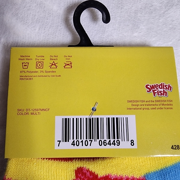 Swedish Fish Socks One Pair Crew Fits Women's Size 7.5 - 13 Red Yellow Blue NEW - Picture 5 of 6